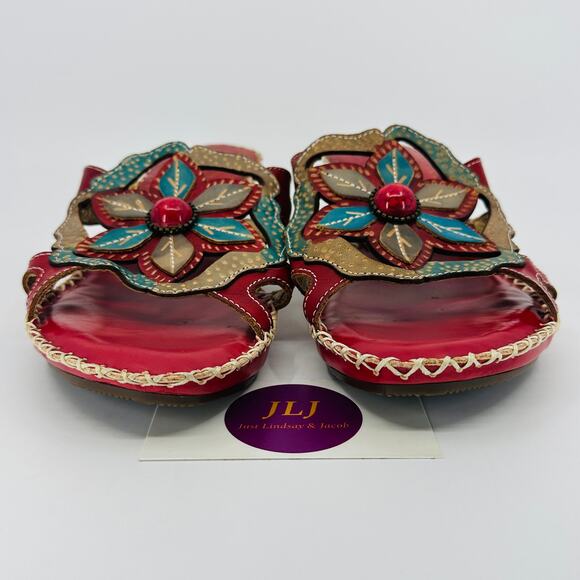 L'Artiste Spring Step Women's Enah Red Leather Floral Sandals Size 39 EU/ 8.5 US - Picture 2 of 13